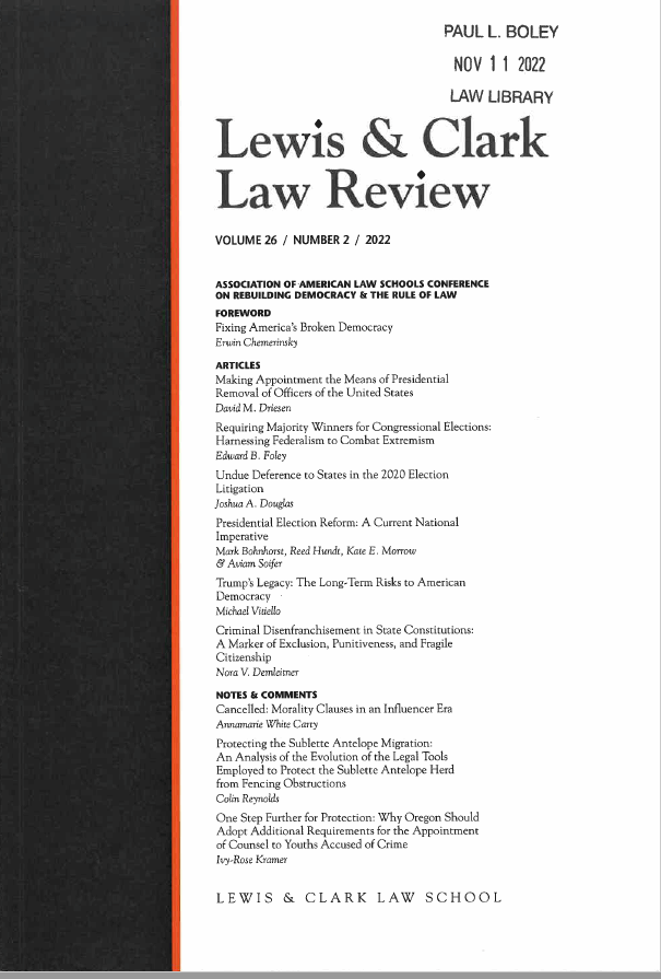 Cover of Lewis & Clark Law Review, Volume 26, Issue 2