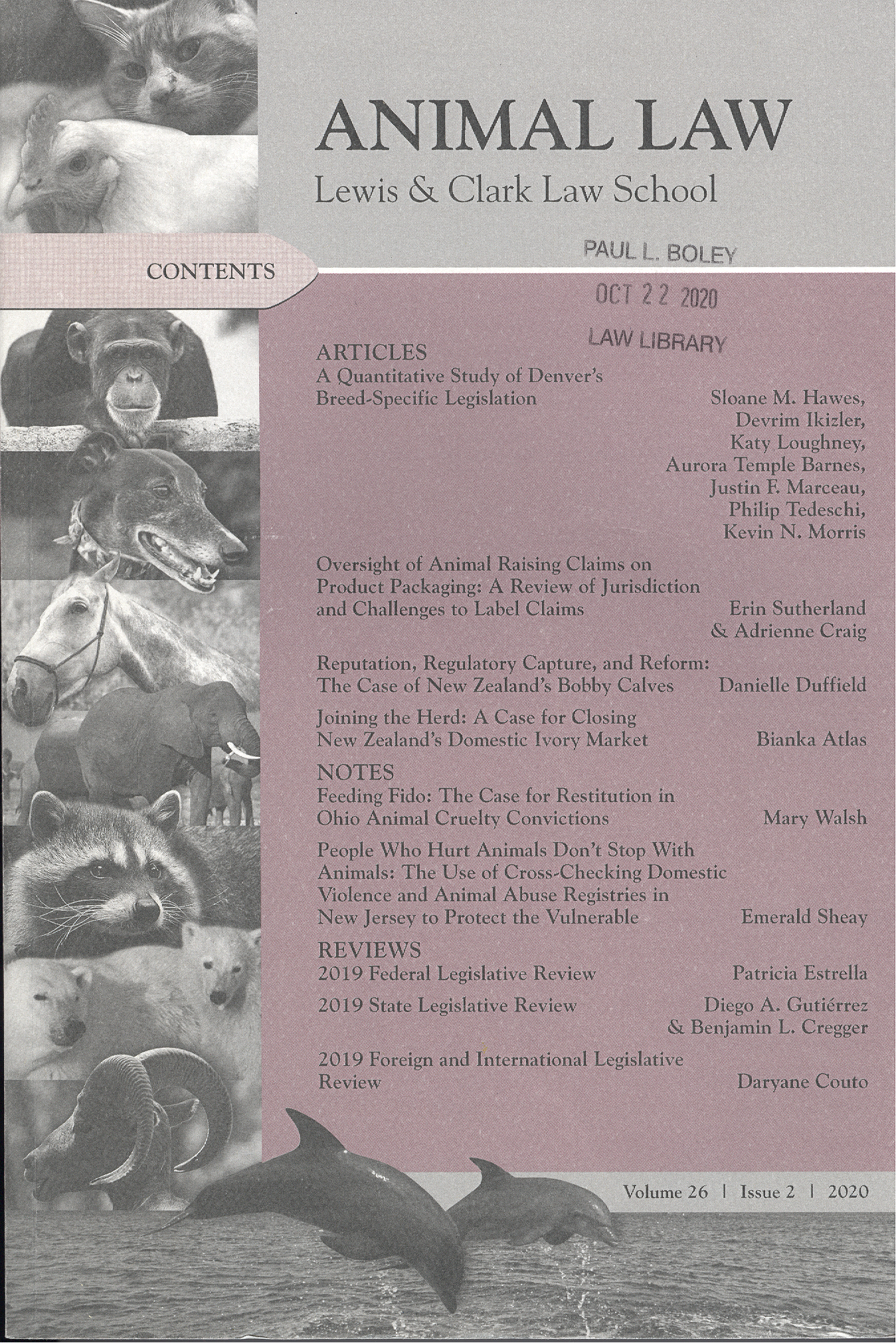 Cover of Animal Law Review Volume 26, Issue 2, 2020