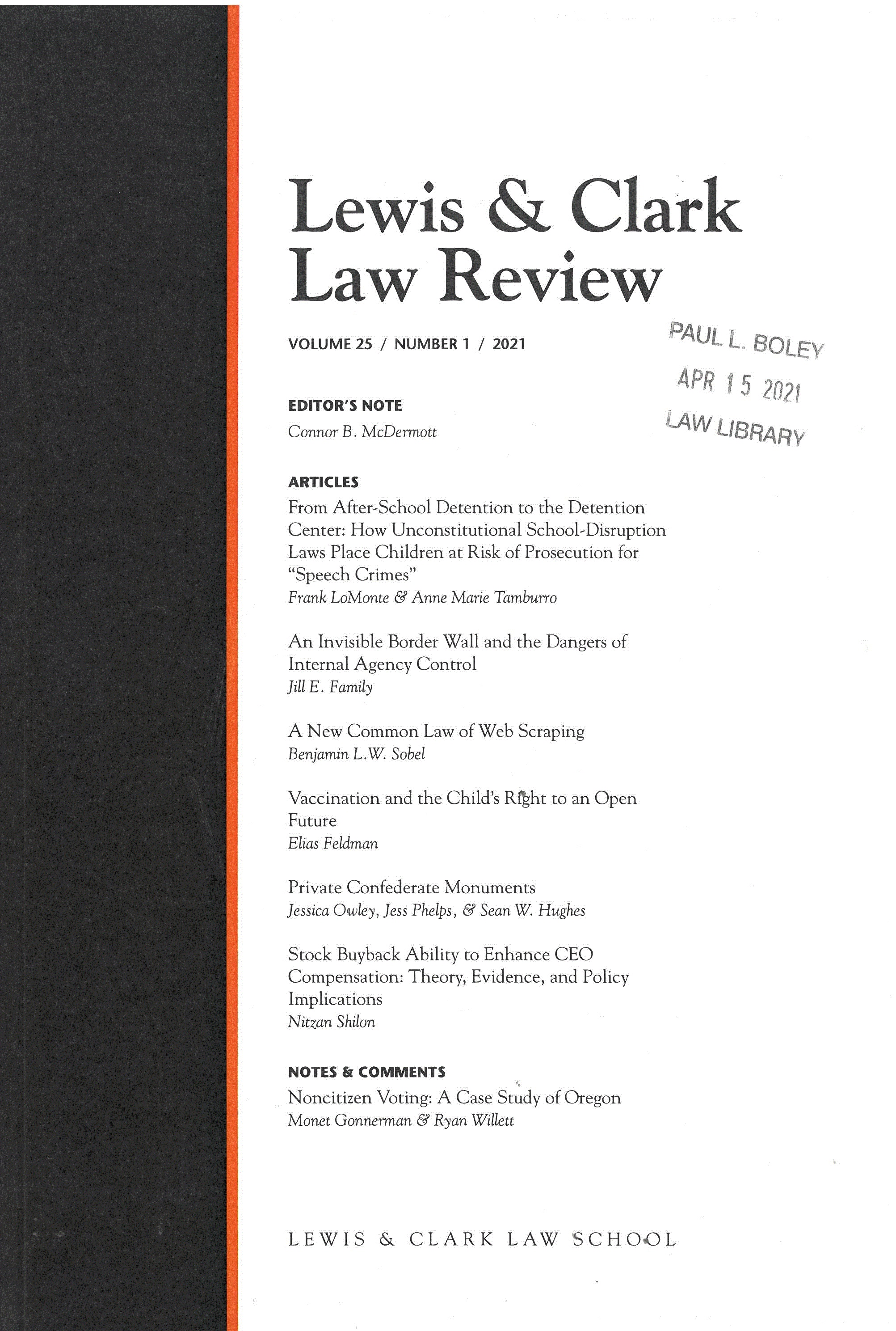 Cover of Lewis & Clark Law Review, Volume 25, Issue 1