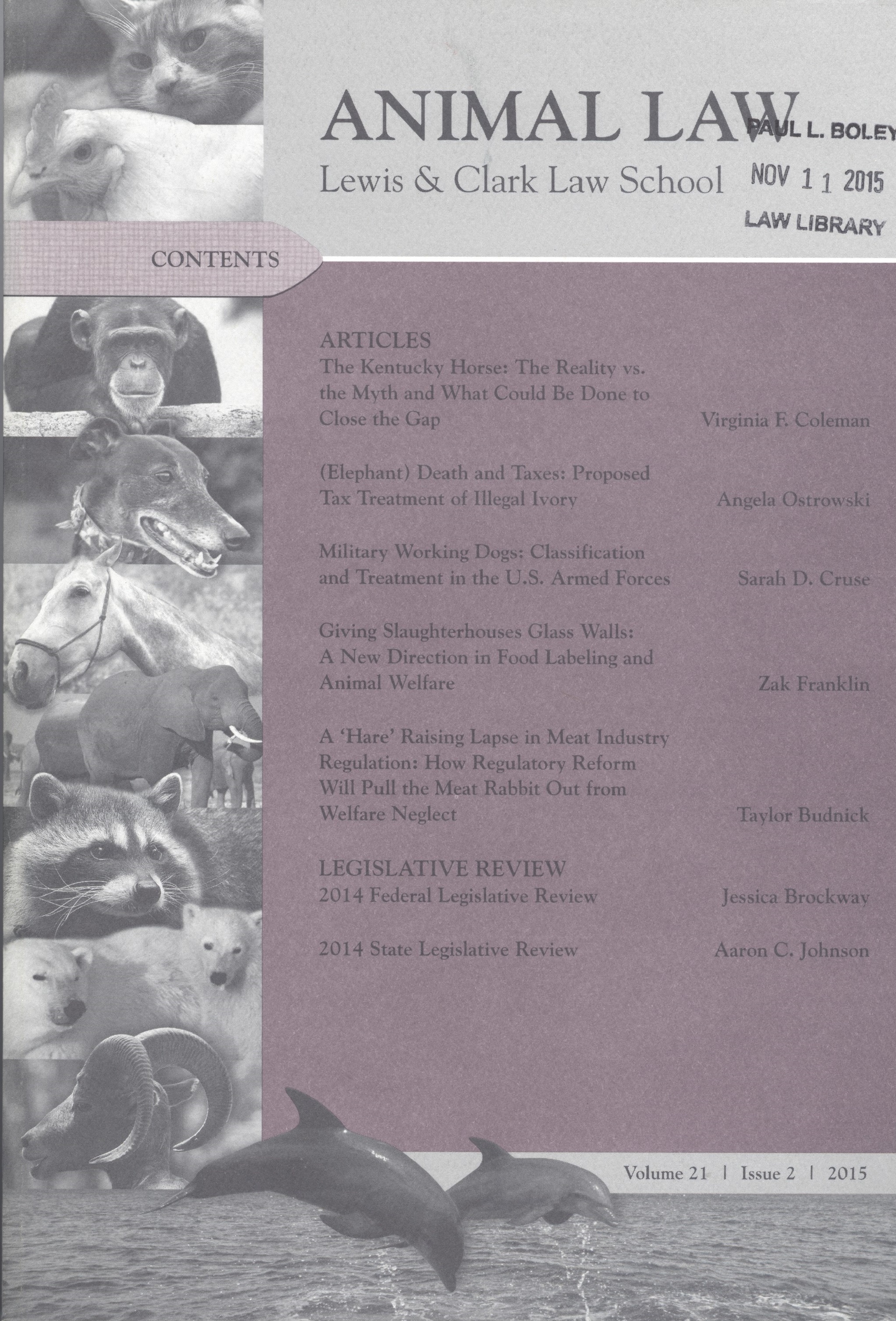 Cover of Animal Law Review Volume 21, Issue 2, 2015