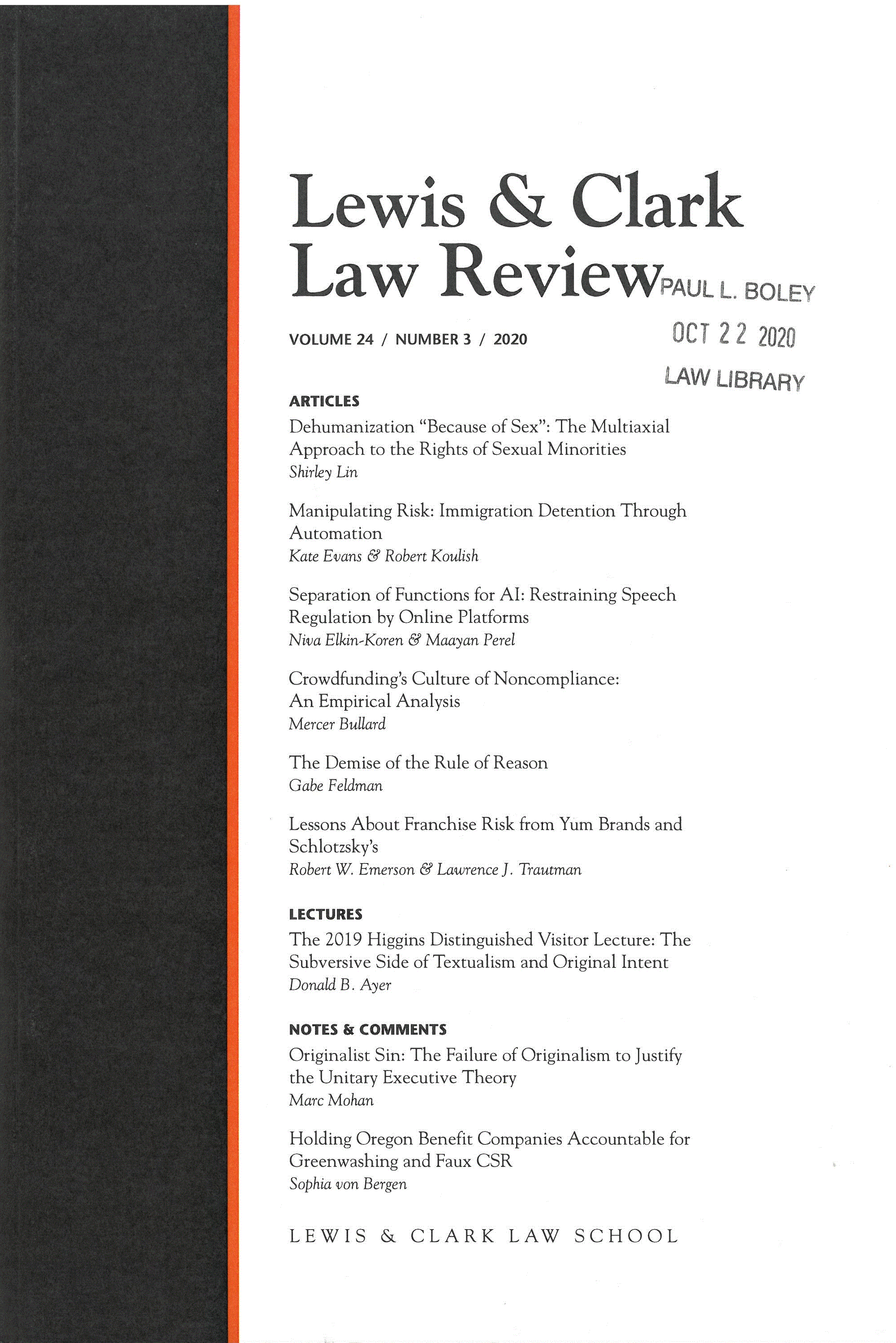 Cover of Lewis & Clark Law Review, Volume 24, Issue 3