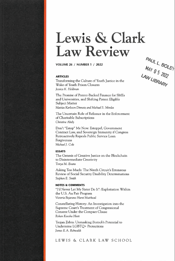 Cover of Lewis & Clark Law Review, Volume 26, Issue 1