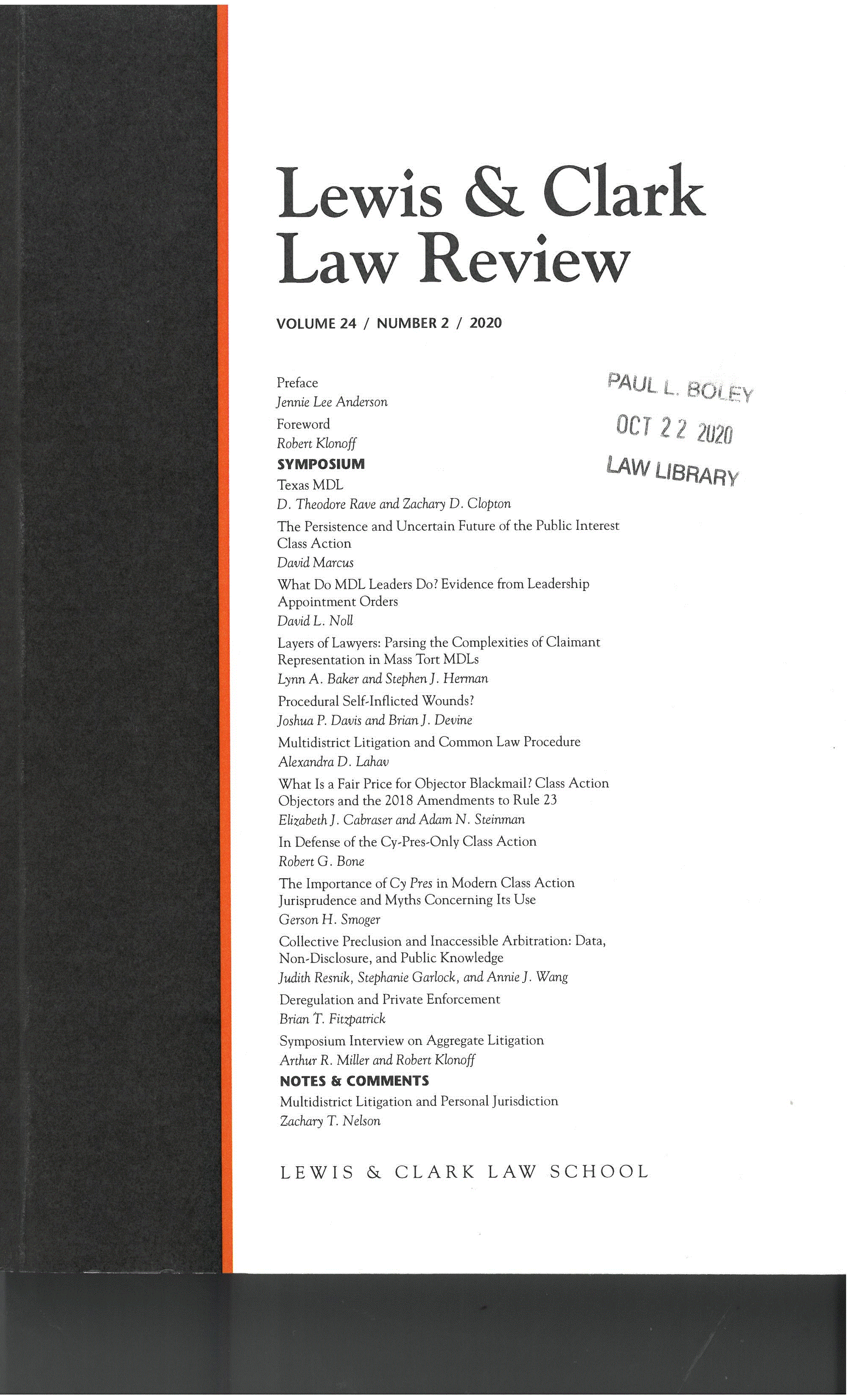 Cover of Lewis & Clark Law Review, Volume 24, Issue 2